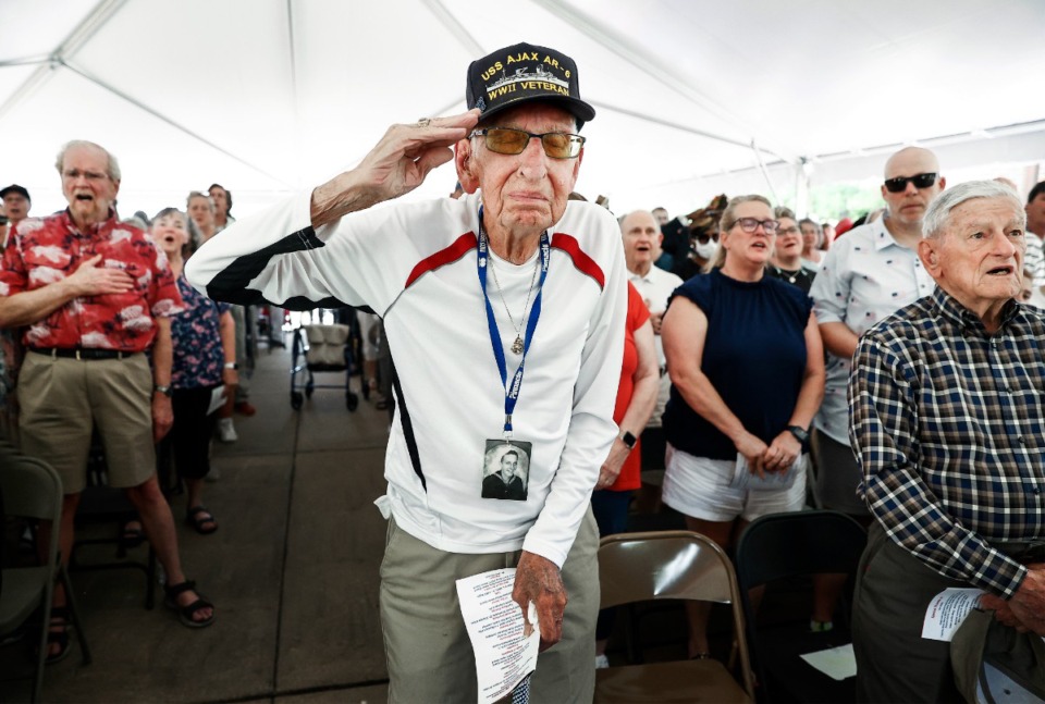 <strong>Joe Barchesky, a Navy seaman and World War II veteran, salutes during a Memorial Day ceremony on Monday, May 29, 2023 at the West Tennessee Veterans Cemetery.</strong> (Mark Weber/The Daily Memphian)
