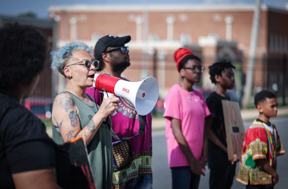 <strong>Activist LJ Abraham speaks at a rally outside of Memphis-Shelby County Schools headquarters May 30, 2023.</strong> (Patrick Lantrip/The Daily Memphian)