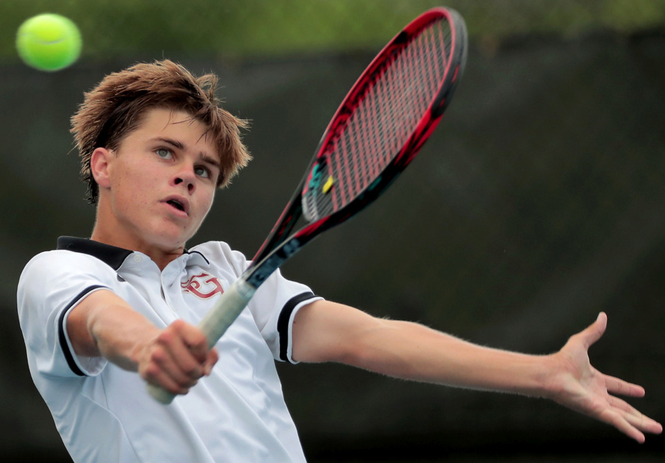 <strong>Walker Stearns from St. Georges returns a volley while comprting in the Div II Class A state championship during the finals of the Spring Fling singles and doubles tennis tournament at the Adams Tennis Complex in Murfreesboro on May 24, 2019.</strong> (Jim Weber/Daily Memphian)