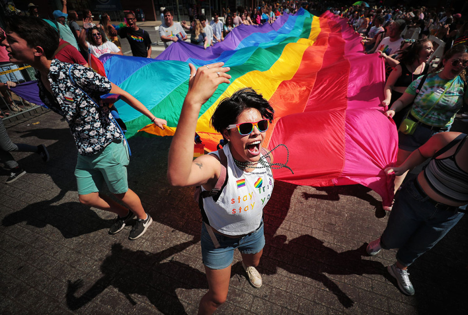 <strong>Selene Caro gets the crowd excited during the 16th annual Memphis Pride Parade along Beale Street Sept. 28, 2019.</strong> (Jim Weber/The Daily Memphian file)