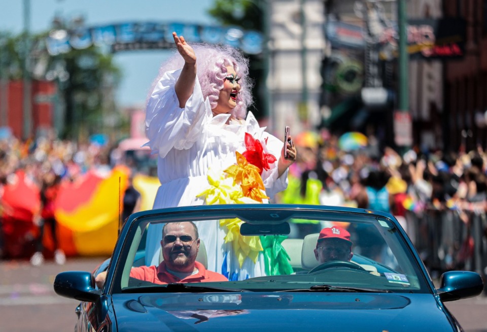 <strong>A performer waves while participating in the Memphis Pride Festival &amp; Parade on Beale Street during June 2022.</strong> (Patrick Lantrip/The Daily Memphian file)