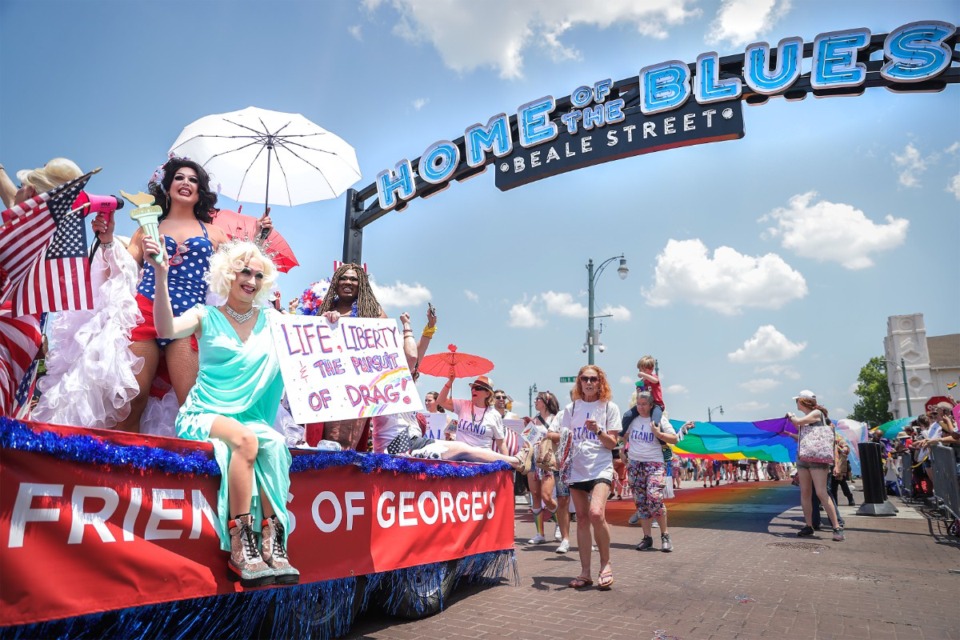 <strong>Floats bearing drag performers glide down Beale Street during the Memphis Pride Parade, Saturday, June 3, 2023.</strong> (Patrick Lantrip/The Daily Memphian)