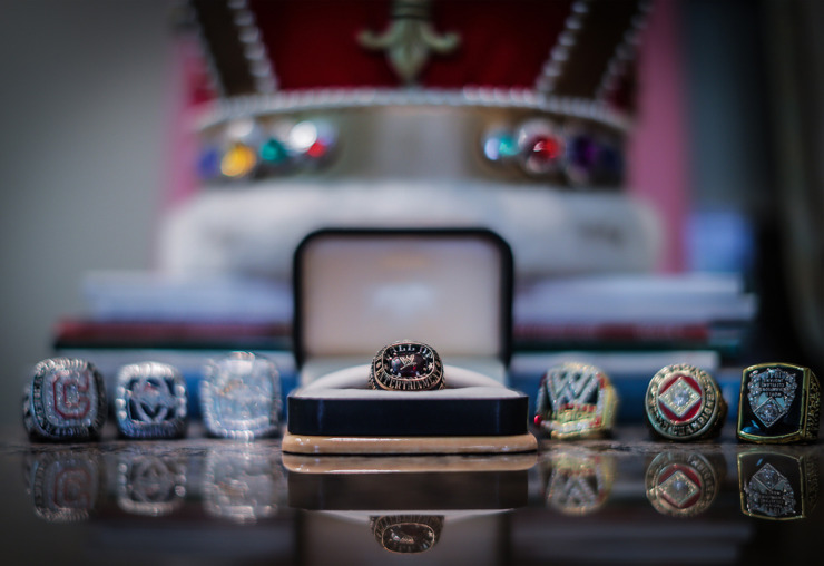 <strong>Several of Jerry Lawler's championship rings are on display at his East Memphis home.</strong> (Patrick Lantrip/The Daily Memphian)