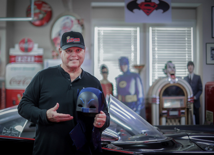 <strong>Jerry Lawler poses for a portrait in front of his Batmobile at his East Memphis home June 1.</strong> (Patrick Lantrip/The Daily Memphian)