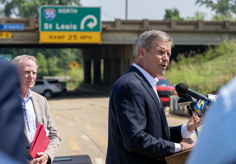 <strong>Governor Bill Lee stands yards away from the diverted I-55 interchange along with Deputy Governor and TDOT Commissioner Butch Eley, in Memphis, Monday, June 5, 2023. They were in Memphis as part of the Build with Us Tour, part of the Transportation Modernizatrion Act.</strong> (Greg Campbell/Special for The Daily Memphian)