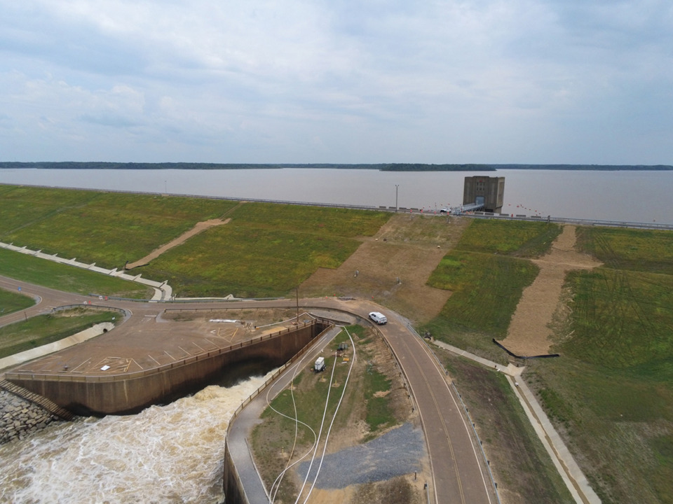 <strong>A flash flood watch was issued last month after potential breach conditions were identified due to a depression near the toe of the 83-year-old dam that forms Arkabutla Lake, a reservoir of the Coldwater River.&nbsp;</strong>(Courtesy Bill Snapp/Memphis District Corps of Engineers)