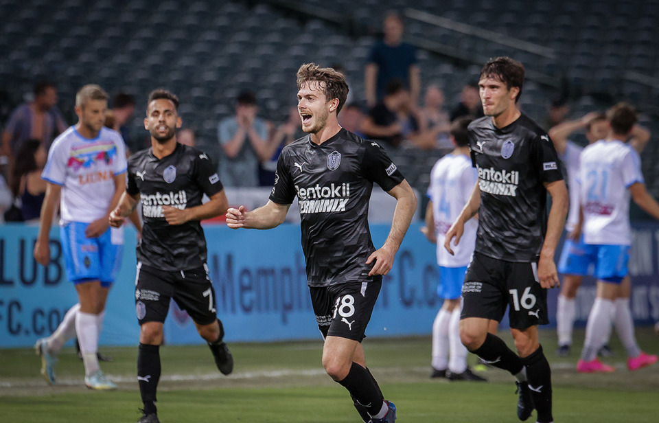 <strong>Memphis 901 FC midfielder Jeremy Kelly (18) scored a goal just 58 seconds into the match against Miami. He is seen here celebrating during an April 15, 2023 match against the Las Vegas Lights FC.</strong> (Patrick Lantrip/The Daily Memphian file)