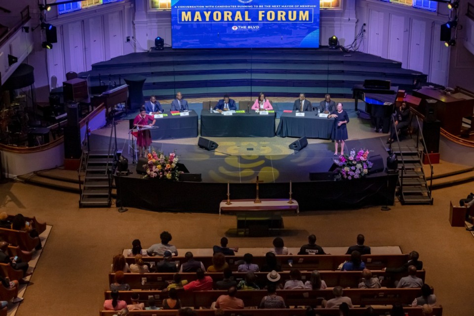 <strong>More than 100 people showed up to watch these six mayoral candidates (nine later in the evening) at Mississippi Boulevard Christian Church on Thursday, June 8, 2023.</strong> (Ziggy Mack/Special to The Daily Memphian)
