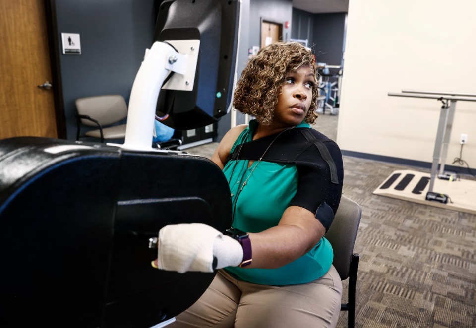 <strong><span style="color: #000000;">&ldquo;Anyone can have a stroke. It is up to you to bounce back,&rdquo; said&nbsp;</span>Stephanie Love. Her rehab includes strengthening exercises at&nbsp; Regional One Health East Campus.</strong> (Mark Weber/The Daily Memphian)
