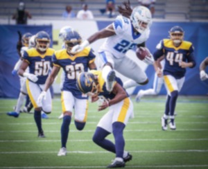 <strong>New Orleans Breakers safety Jarey Elder (23) hurdles a Memphis Showboats defender during a kickoff returnon&nbsp; June 10, 2023.</strong> (Patrick Lantrip/The Daily Memphian)