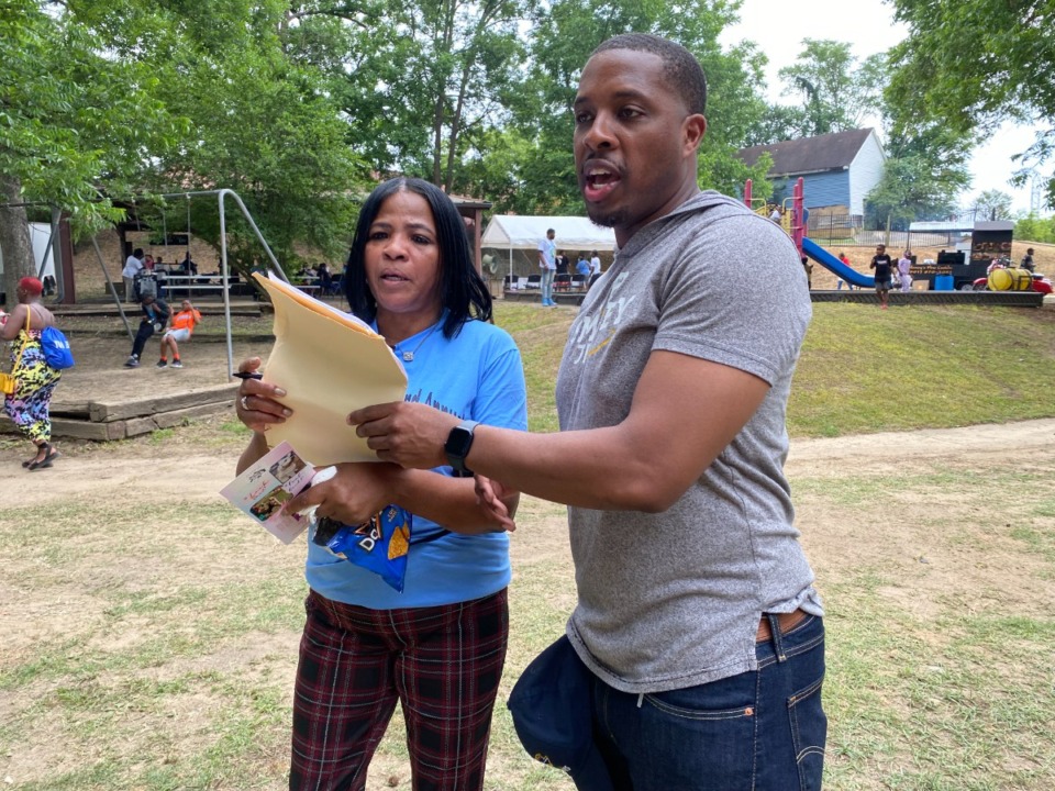 <strong>Incumbent City Councilman JB Smiley Jr. gathered signatures on his qualifying petition in his reelection campaign June 10 at the Sidney Chism picnic.</strong> (Bill Dries/The Daily Memphian)
