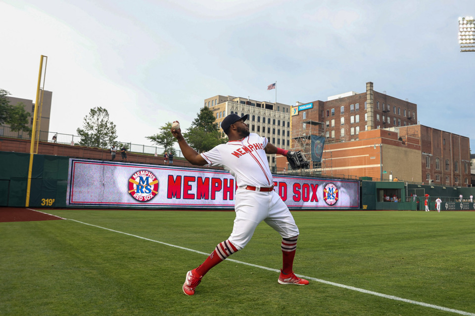 <strong>Memphis Redbirds outfielder Moises Gomez, wearing his Memphis Red Sox uniform, warms up at AutoZone Park June 10.</strong> (Ryan Beatty/Special to The Daily Memphian)