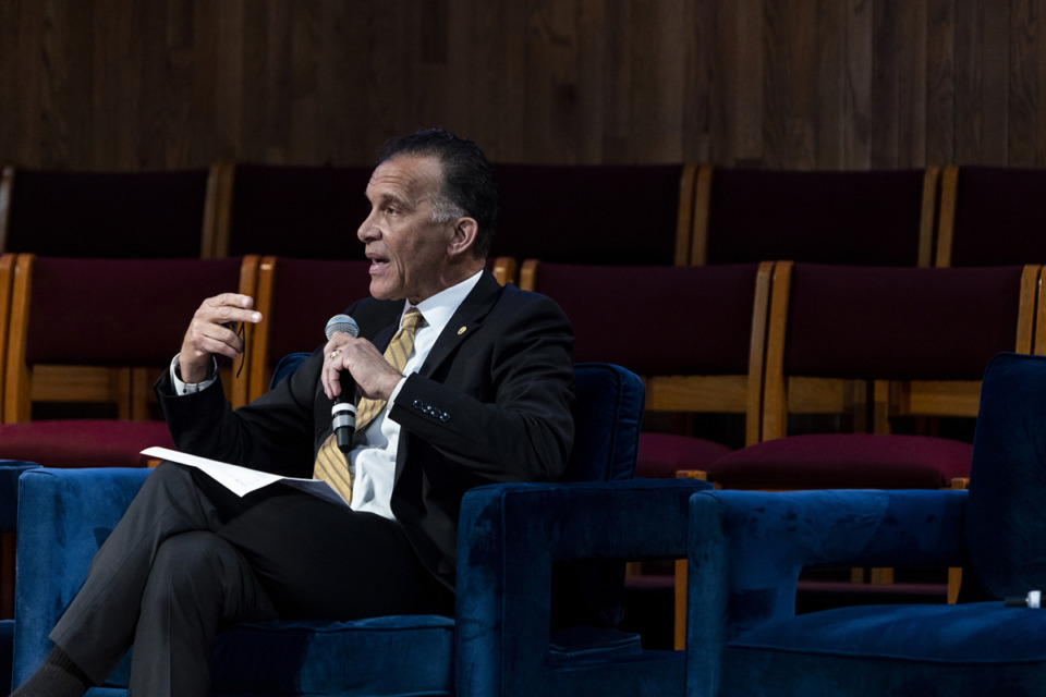 <strong>Juvenile Court Judge Tarik Sugarmon speaks during a town hall at St. Paul Baptist Church.</strong> (Brad Vest/Special to The Daily Memphian)