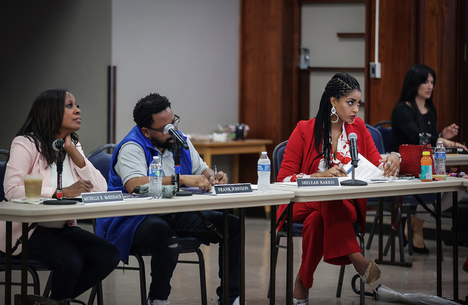 <strong>From right, Sheleah Harris, Frank Johnson and Michelle McKissack listen in during a May 12 MSCS Board of Education retreat about the superintendent search.</strong> (Patrick Lantrip/The Daily Memphian file)