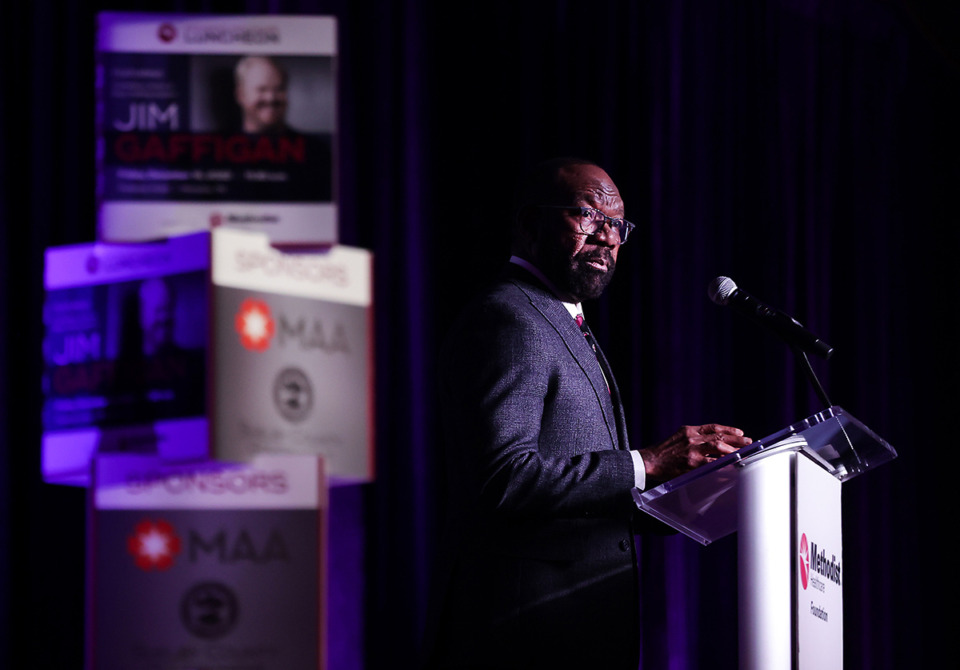 <strong>Methodist Le Bonheur Healthcare CEO Michael Ugwueke speaks at the 2022 Methodist Healthcare Luncheon at the Peabody Hotel Dec. 16, 2022.</strong> (Patrick Lantrip/The Daily Memphian file)