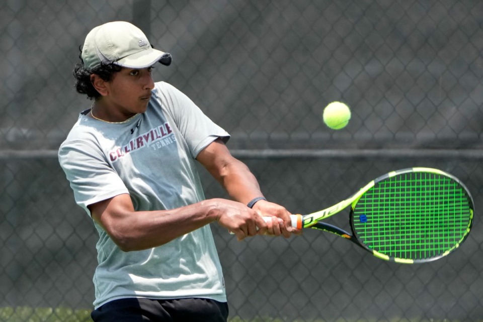 <strong>Ranjay Arul of Collierville plays in the Class AA boys singles tennis finals Friday, May 26, 2023, in Murfreesboro.</strong> (Mark Humphrey/Special to The Daily Memphian)