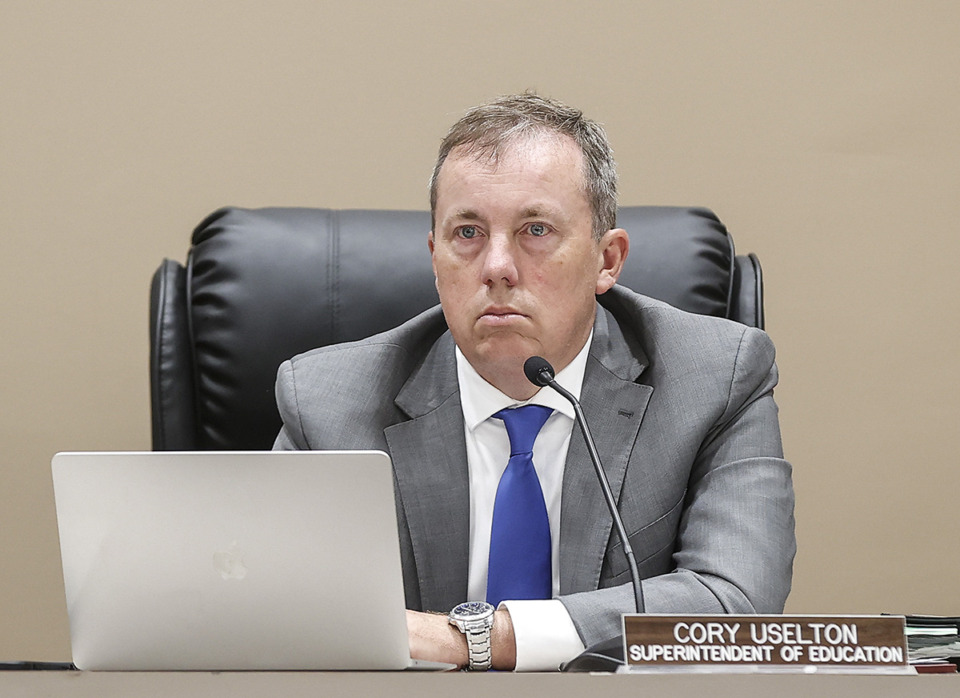 <strong>DeSoto School&rsquo;s Superintendent Cory Uselton during the meeting when the board adopted the district&rsquo;s budget on Thursday, June 15, 2023.</strong> (Mark Weber/The Daily Memphian)