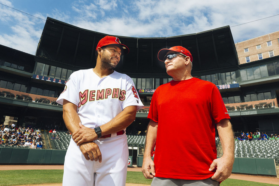 <strong>Redbird's manager Ben Johnson, left, and his father Larry Johnson stand together at AutoZone Park.</strong> (The Daily Memphian file)