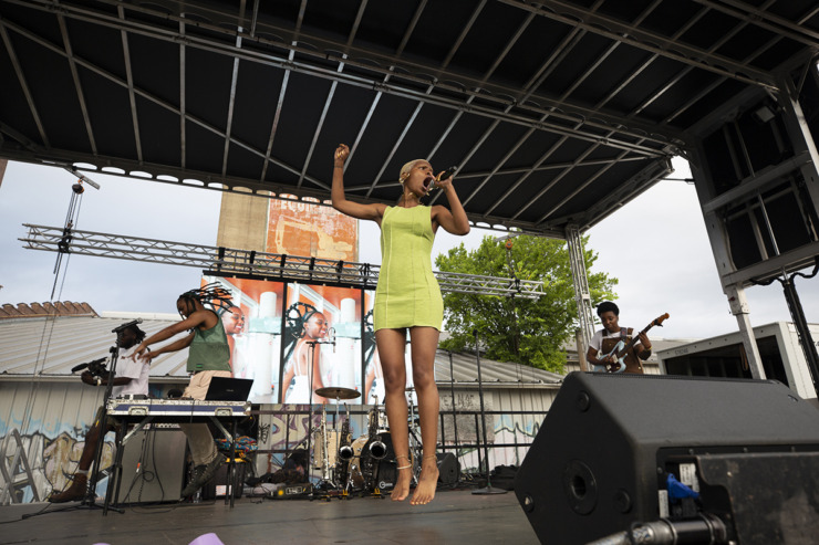 <strong>Talibah Safiya (center) and Madam FRAANKIE (right) perform on the main stage at the Tone Juneteenth Festival in Orange Mound on Sunday, June 18, 2023.</strong> (Ziggy Mack/Special to The Daily Memphian)