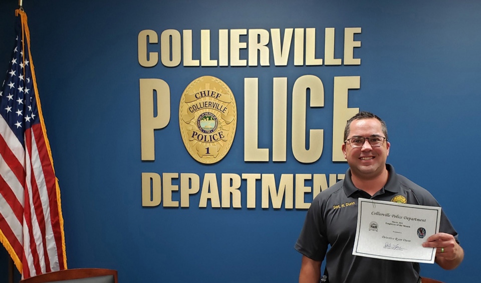 <strong>Ryan Dunn was awarded employee of the month by the Collierville Police Department in May 2021. He was arrested for a DUI over the weekend.</strong> (Courtesy Collierville Police Department/Twitter)
