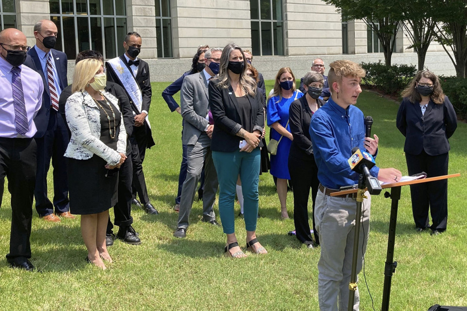 <strong>Dylan Brandt speaks at a news conference outside the federal courthouse in Little Rock, Ark., July 21, 2021. Brandt, a teenager, is among several transgender youth and families who are plaintiffs challenging a state law banning gender confirming care for trans minors. A federal judge struck down Arkansas' first-in-the-nation ban on gender-affirming care for children as unconstitutional Tuesday, June 20, 2023.</strong> (Andrew DeMillo/AP Photo file)