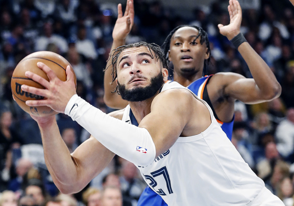 <strong>Memphis Grizzlies forward David Roddy (front) grabs a rebound against the New York Knicks on Wednesday, October 19, 2022.</strong> (Mark Weber/The Daily Memphian file)