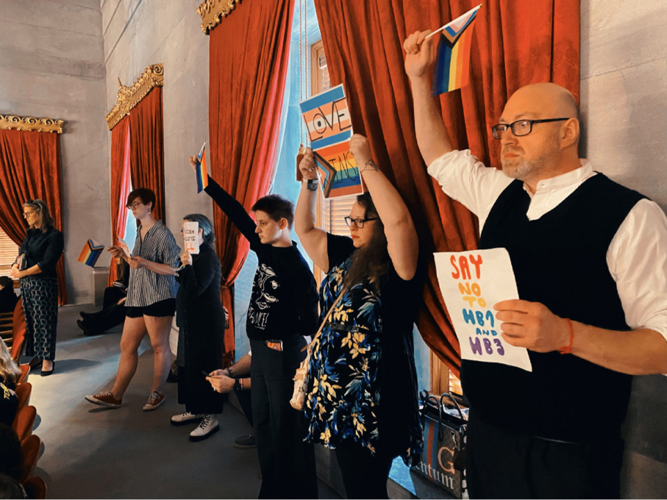 <strong>Trans-rights advocates, standing in the balcony of the Tennessee House of Representatives, protest bills that would stunt access to care for trans youth Thursday, Feb. 23.</strong> (Courtesy Tennessee Equality Project)