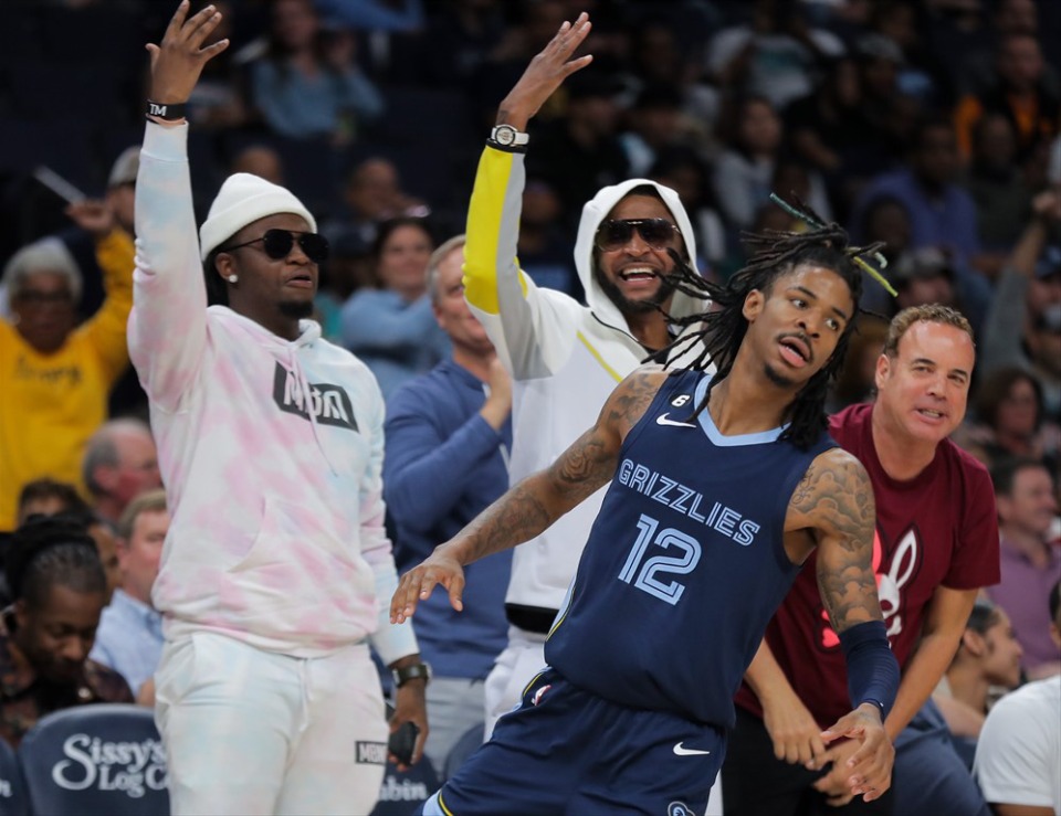 <strong>Davonte Pack (left) shown here celebrating at a Nov. 4, 2022, Grizzlies game against the Charlotte Hornets is Ja&rsquo;s Morant&rsquo;s longtime friend.&nbsp;</strong>(Patrick Lantrip/The Daily Memphian file)
