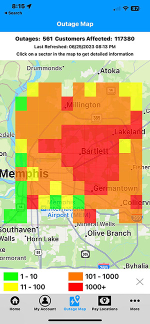 <strong>MLGW Outage map as of 8:15 p.m. on Sunday, June 25.</strong> (Courtesy MLGW)
