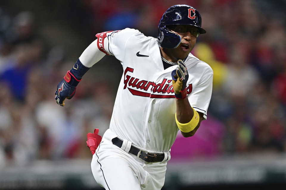 <strong>Cleveland Guardians' Richie Palacios runs after hitting a double during the seventh inning of a baseball game against the Seattle Mariners, Sept. 2, 2022, in Cleveland.</strong> (David Dermer/ AP file)