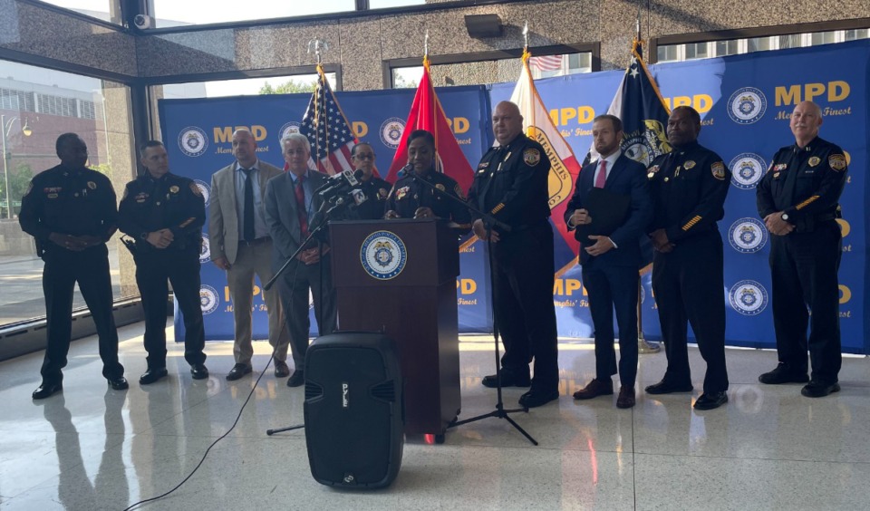 <strong>Officials from the Memphis Police Department and the Shelby County District Attorney's Office announce the arrest of 23 individuals and the indictment of 15 additional suspects for their alleged roles in a retail theft ring. Officials include Shelby County District Attorney General Steve Mulroy (fourth from left) and Memphis Police Director Cerelyn&nbsp;&ldquo;C.J.&rdquo; Davis (at podium).</strong> (Julia Baker/The Daily Memphian)