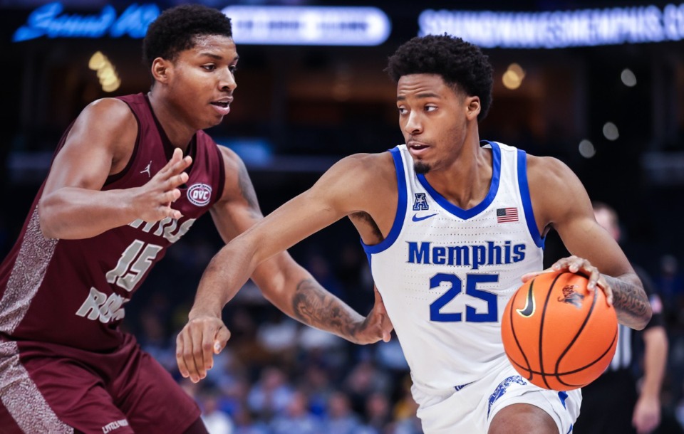 <strong>University of Memphis guard Jayden Hardaway (25) brings the ball up the court during a Dec. 6, 2022 game against the Little Rock Trojans.</strong> (Patrick Lantrip/The Daily Memphian file)