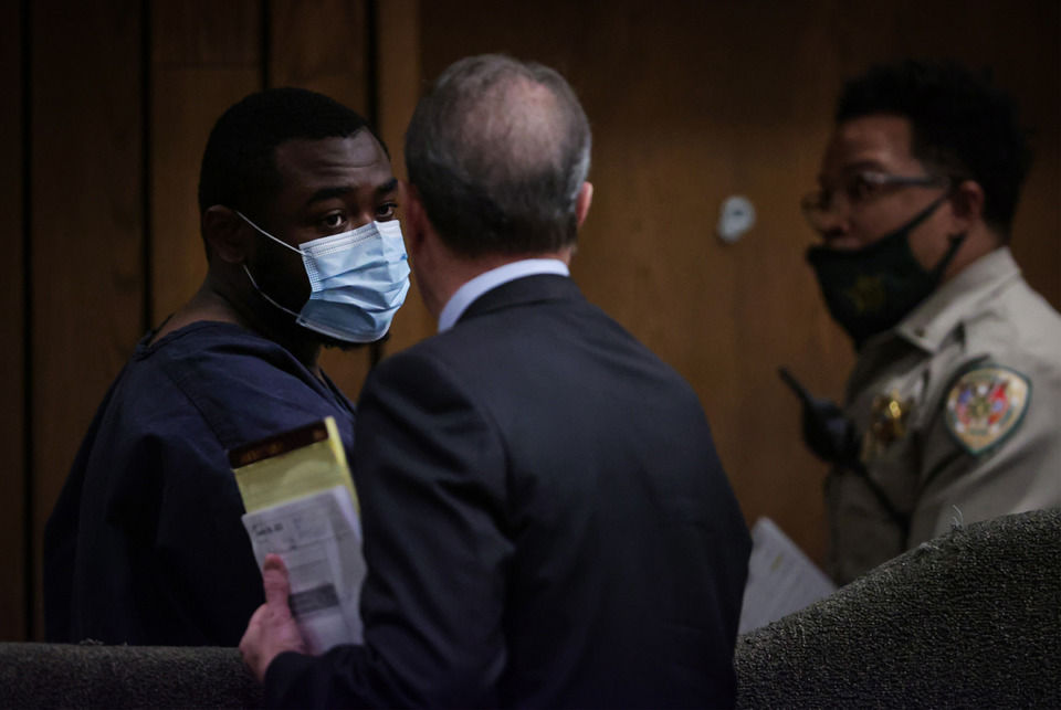 <strong>Jaylon Hobson speaks to his attorney Craig Morton after a June 20, 2023 court appearance.</strong> (Patrick Lantrip/The Daily Memphian)