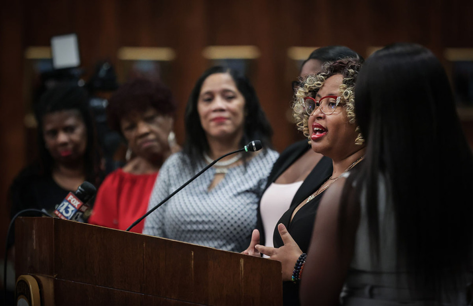 <strong>Marquita Bradshaw speaks to the Memphis City Council, who posthumously honors her mother, Doris Bradshaw, during a June 27, 2023 meeting.</strong> (Patrick Lantrip/The Daily Memphian)