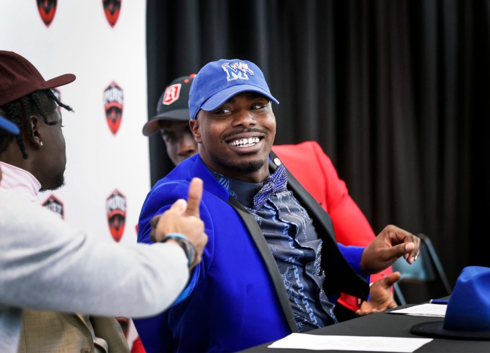<strong>Junior College transfer Chris Morris announces that he will sign with Memphis to play football during a ceremony on Wednesday, December 21, 2022. (</strong>Mark Weber/The Daily Memphian file)