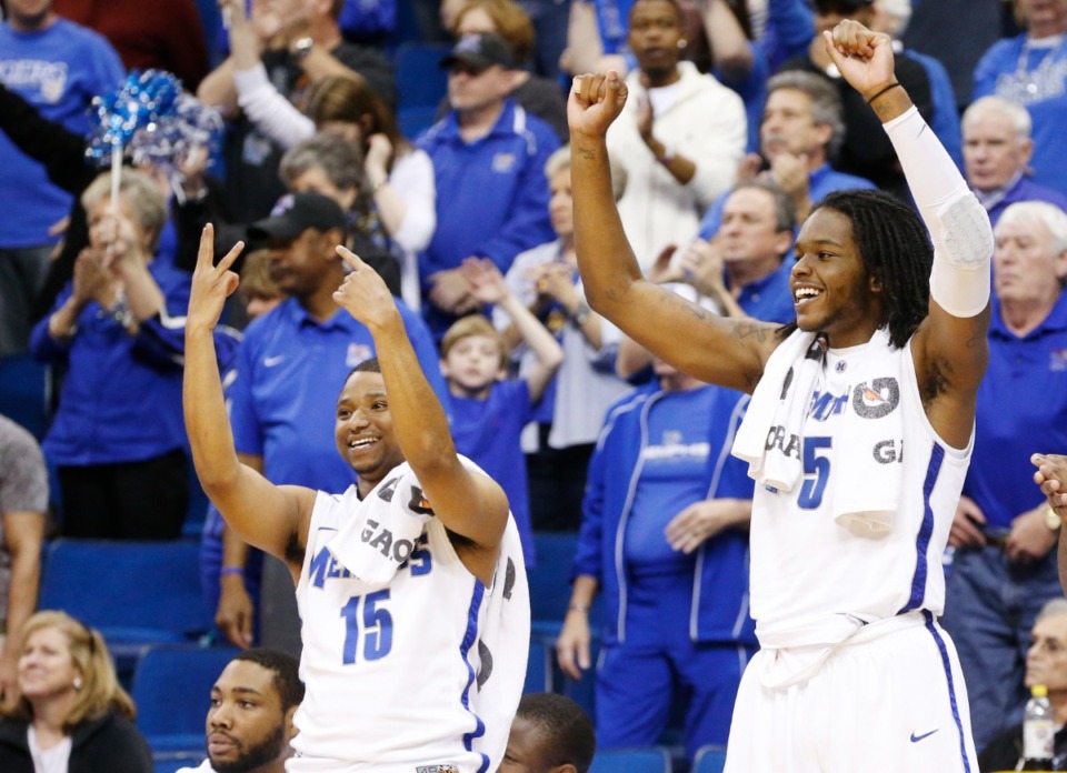 <strong>Memphis guard Trey Draper (15) and forward Shaq Goodwin (5) react on the bench during the championship game against Southern Miss in the Conference USA men's NCAA college basketball tournament in Tulsa, Okla., Saturday, March 16, 2013. Memphis won 91-79.</strong> (Sue Ogrocki/AP Photo file)
