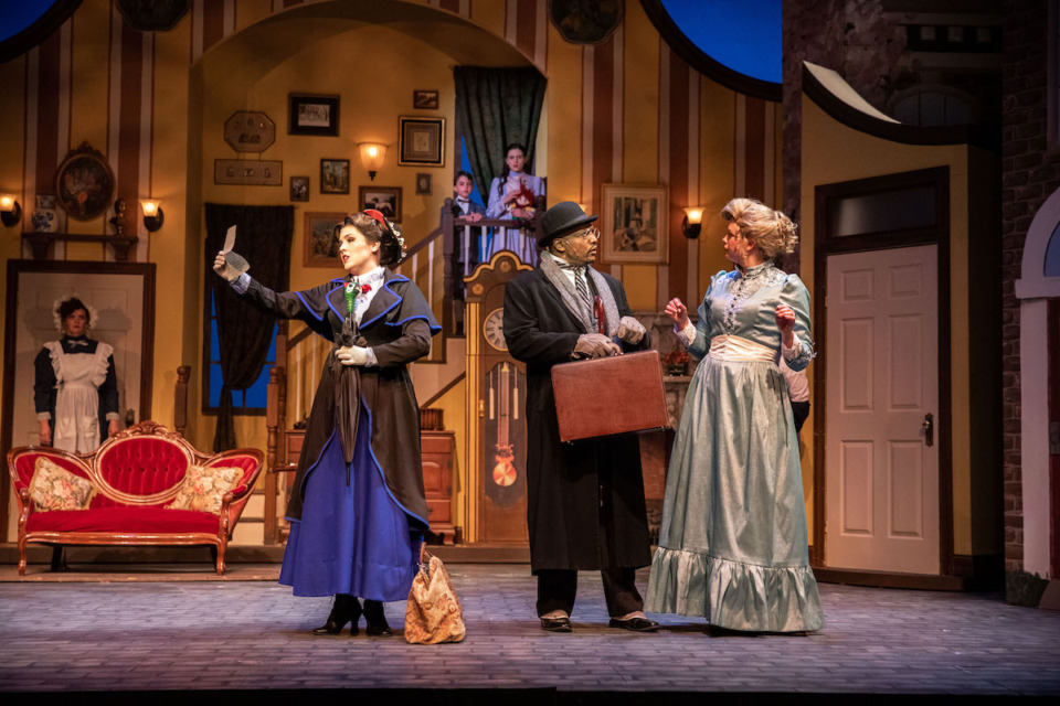 <strong>Left to right: Lynden Lewis as Mary Poppins, Calvin Ellis as George Banks and Lauren Duckworth as Winifred Banks.</strong> (Carla McDonald/Courtesy Theatre Memphis)