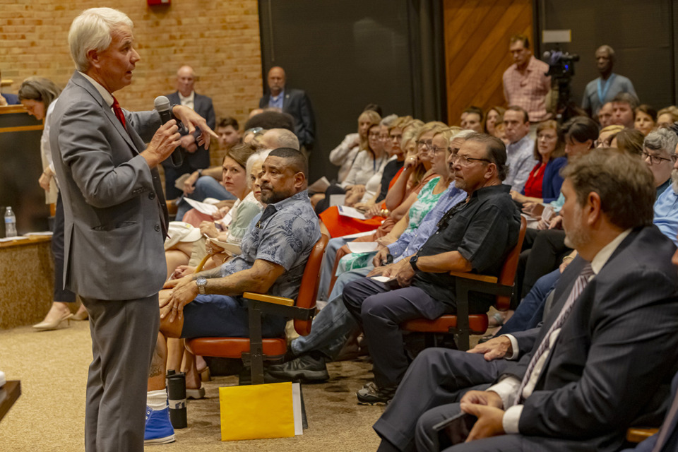 <strong>Germantown citizens pack City Hall and lobby as Shelby County District Attorney General Steve Mulroy speaks at the second of his town hall series on Thursday, June 29, 2023.</strong> (Ziggy Mack/Special to The Daily Memphian)