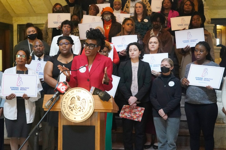 <strong>Cassandra Welchlin, executive director of the Mississippi Black Women's Roundtable, speaks during a news conference about the group&rsquo;s push for legislators to extend postpartum Medicaid from 60 days to 12 months, Jan. 26, 2023, at the Mississippi Capitol in Jackson. A Mississippi law that takes effect Saturday, July 1, 2023, authorizes a full year of postpartum Medicaid coverage.</strong> (Rogelio V. Solis/AP File)