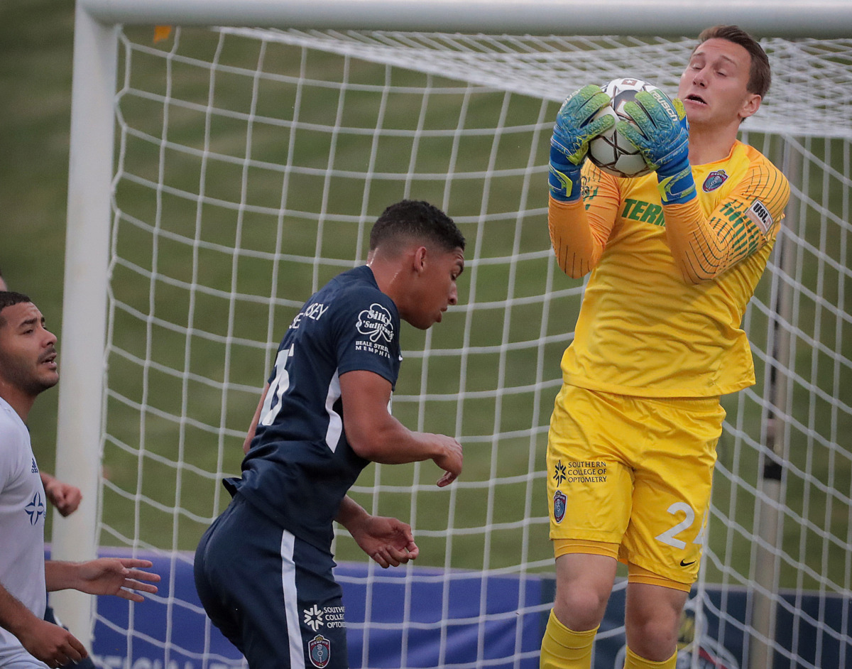 <strong>Memphis goalkeeper Scott Levene traps a shot in the first half during 901 FC's win over Hartford in a third-round U.S. Open Cup game at the Mike Rose Soccer Complex on May 29, 2019.</strong>&nbsp;(Jim Weber/Daily Memphian)