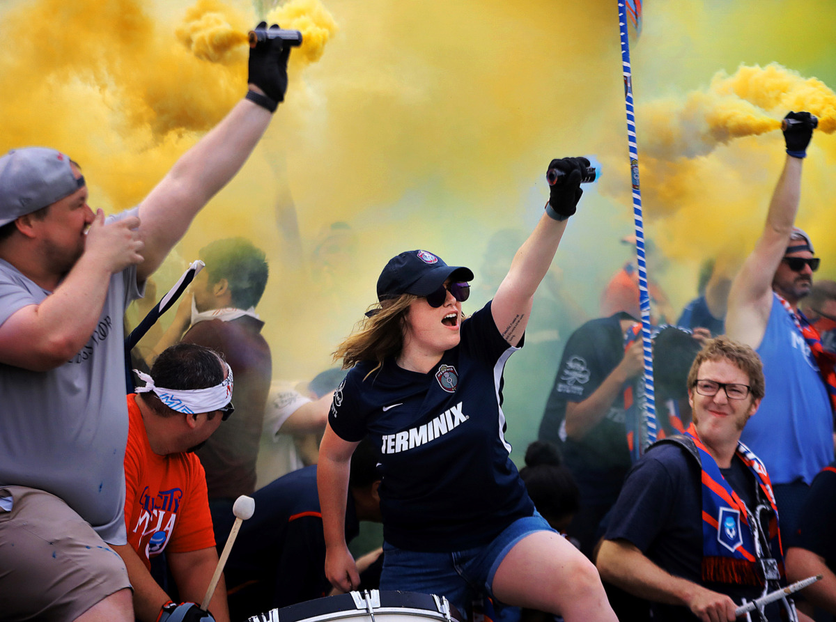 <strong>Soccer fans cheer their team onto the field during 901 FC's third-round win over the Hartford Athletic during their Lamar Hunt U.S. Open Cup tournament game at the Mike Rose Soccer Complex on May 29, 2019.</strong> (Jim Weber/Daily Memphian)