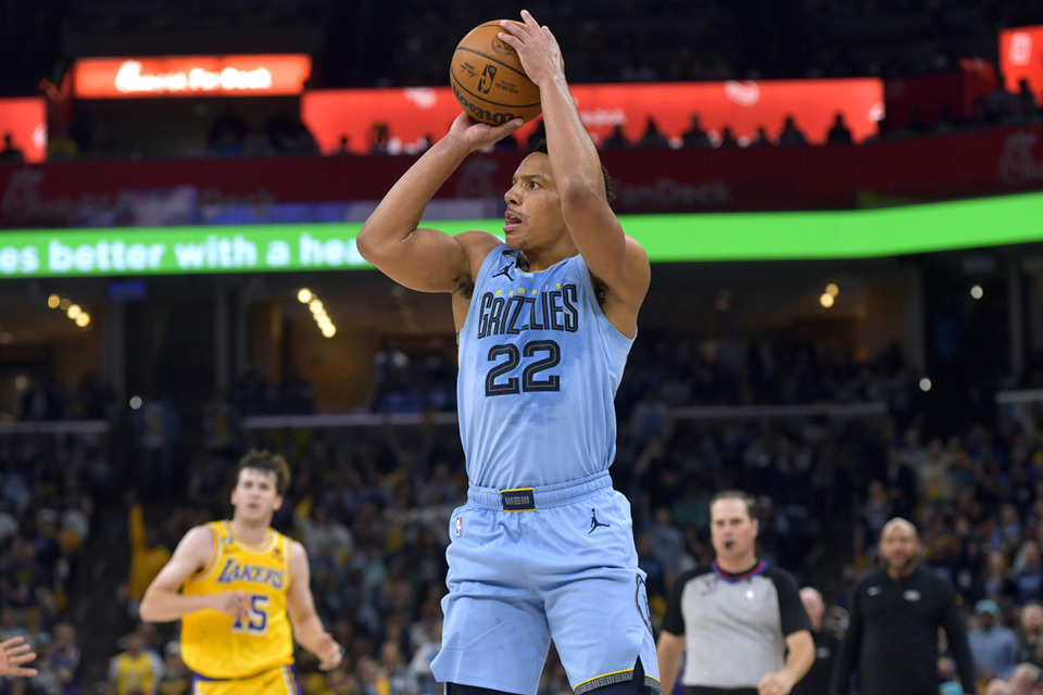 <strong>Memphis Grizzlies guard Desmond Bane (22) shoots against the Los Angeles Lakers during the first half of Game 5 in a first-round NBA basketball playoff series Wednesday, April 26 in Memphis.</strong> (Brandon Dill/AP file)