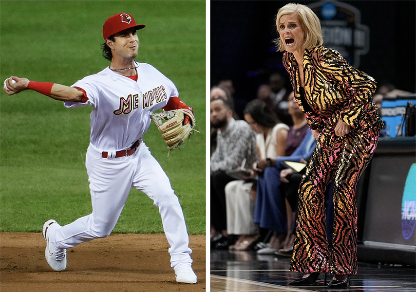 <strong>Kramer Robertson (left), an infielder with the Memphis Redbirds, is the son of Kim Mulkey (right), women&rsquo;s basketball coach at LSU.</strong> (The Daily Memphian files)