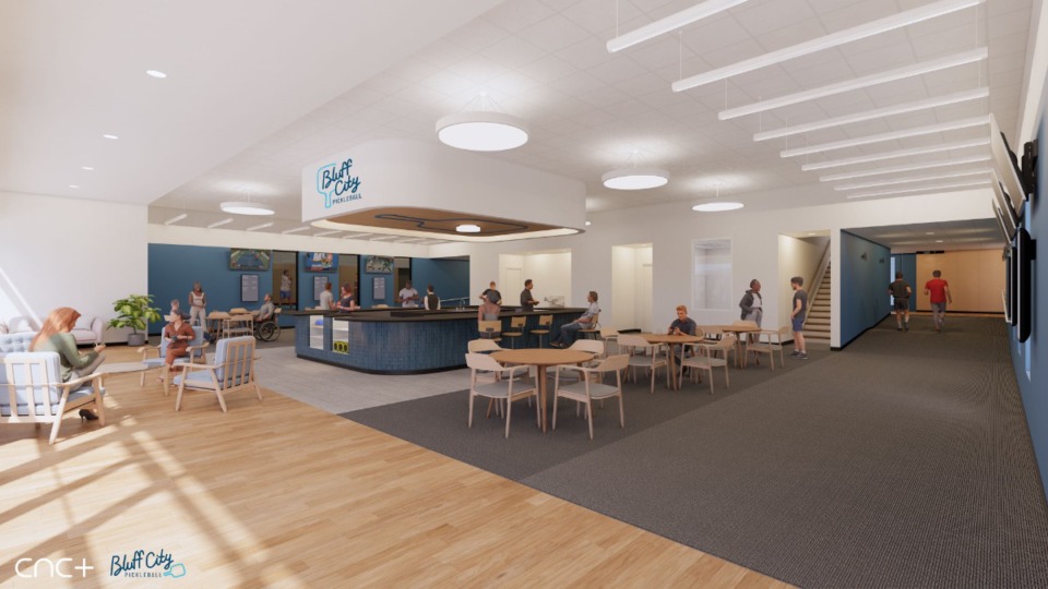 <strong>A rendering shows the new Bluff City Pickleball's lobby area in the former Malco Bartlett Cinema on Bartlett Boulevard.</strong> (Courtesy cnct.design)