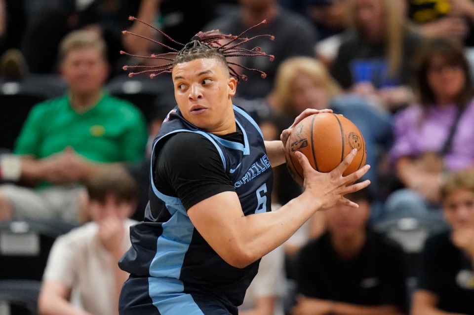 <strong>Memphis Grizzlies forward Kenneth Lofton Jr. (6) brings the ball up court in the first half during an NBA Summer League basketball game against the Philadelphia 76ers Monday, July 3, 2023, in Salt Lake City.</strong> (Rick Bowmer/AP)