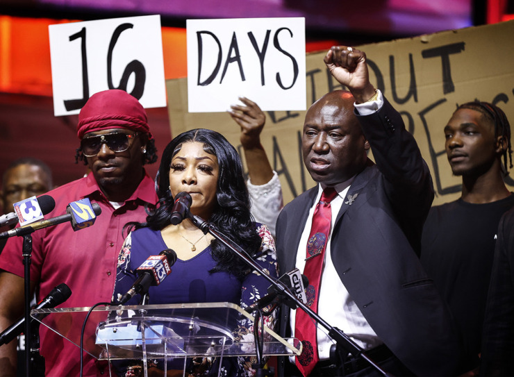 Jarveon Hudspeth&rsquo;s mother Charlotte Haggett (middle), along with attorney Ben Crump (right) and family members, speak during a press conference Monday, July 10. (Mark Weber/The Daily Memphian)