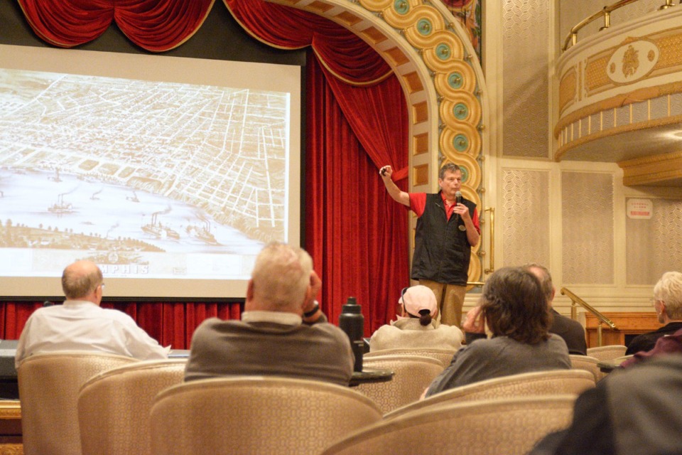 <strong>Lee Hendrix teaches passengers about Mississippi River history in the American Queen&rsquo;s Grand Saloon May 27, 2023.</strong>&nbsp;(Keely Brewer/The Daily Memphian)