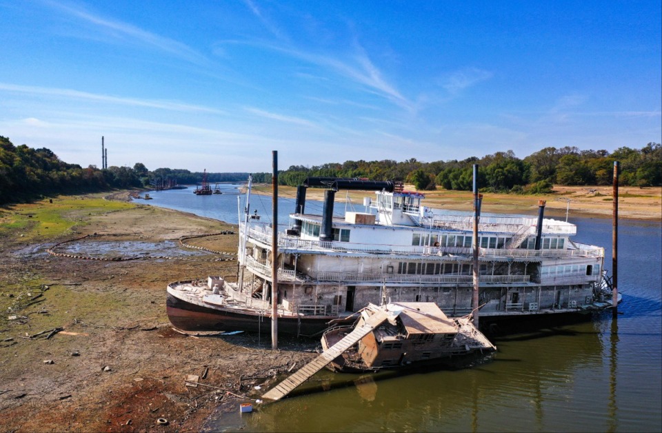 <strong>A marooned steamboat crumbles on the banks of the Mississippi River in Memphis on Oct. 7, 2022. Lower-than-normal river levels made the shipwreck accessible by land.</strong>&nbsp;(Patrick Lantrip/The Daily Memphian file)