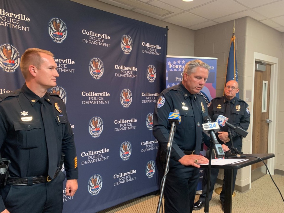 <strong>Collierville police addressed the media after a fatal shooting Tuesday, July 11.</strong> (Abigail Warren/The Daily Memphian)