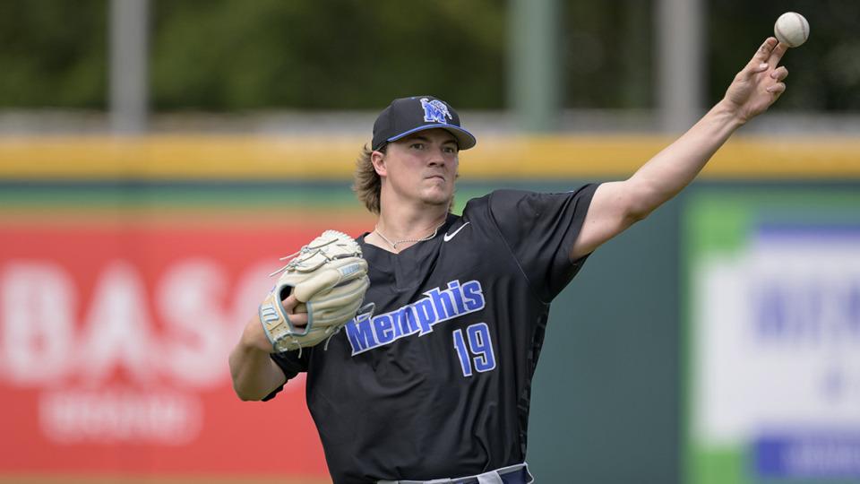 <strong>University of Memphis pitcher Dalton Kendrick (19) is the second Tiger taken in the 2023 MLB Draft. Here he throws during an NCAA baseball game on Sunday, April 2, 2023, in New Orleans.</strong> (Matthew Hinton/AP Photo file)